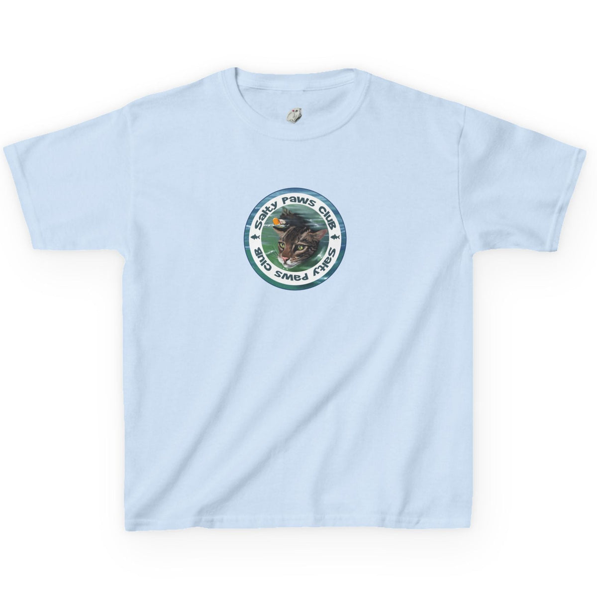 Kids Tee - "Salty Paws Club" Purrmaid Flounder & Life‑Vest Mouse Toy, shown in Light Blue