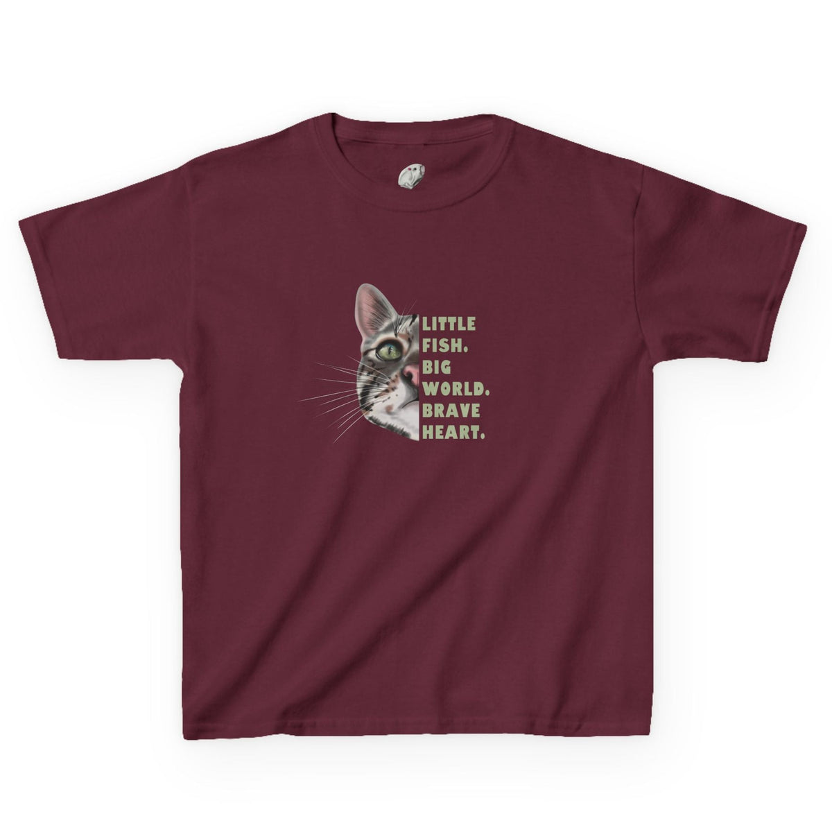 Kids Tee - "Little Fish. Big World. Brave Heart." Flounder Graphic, shown in Maroon