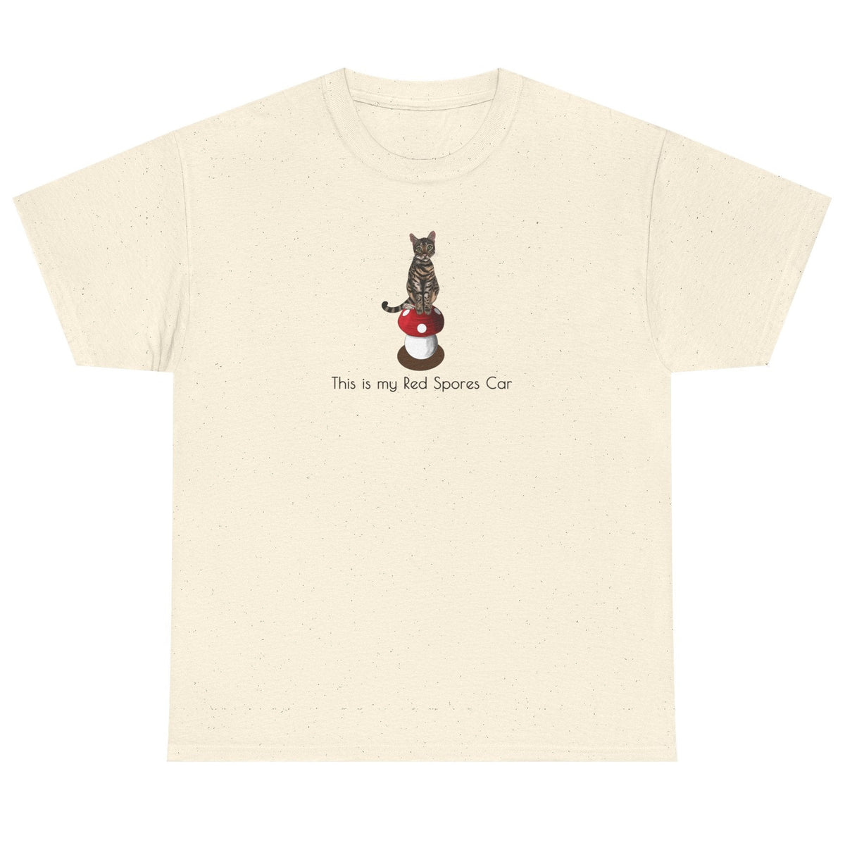 Red Spores Car Unisex Heavy Cotton Tee featuring Flounder and Mouse Toy on the Magical Mushroom, shown in Natural