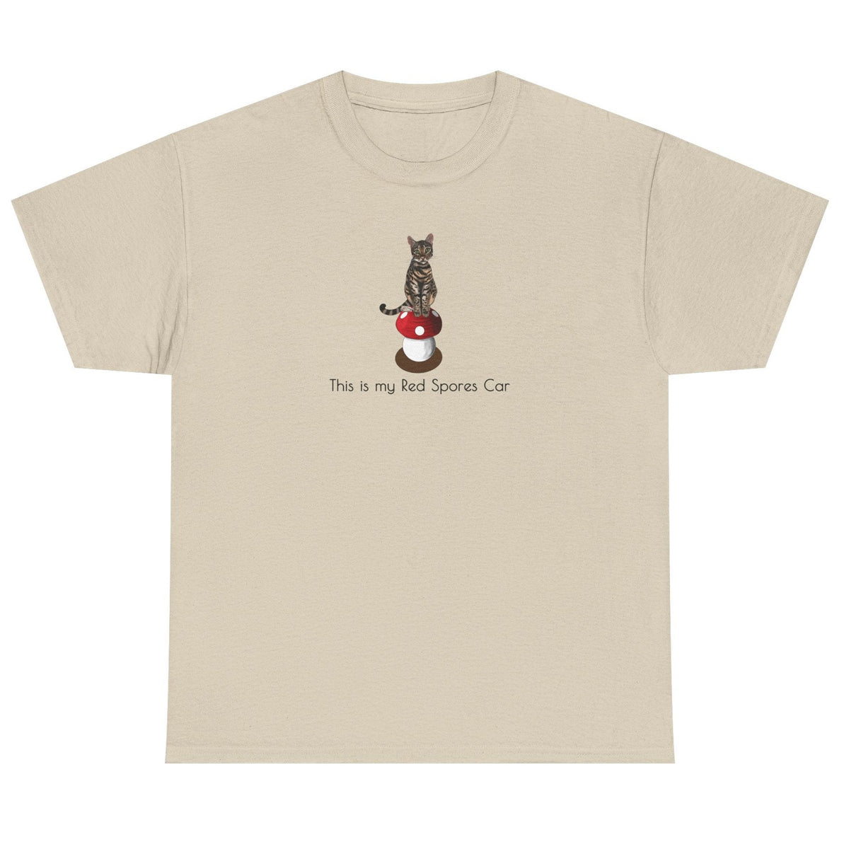 Red Spores Car Unisex Heavy Cotton Tee featuring Flounder and Mouse Toy on the Magical Mushroom, shown in Sand