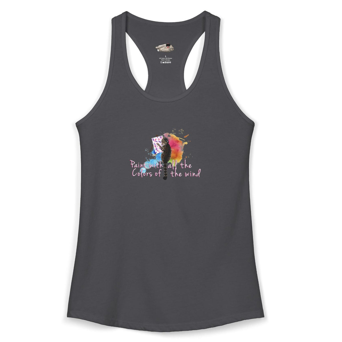 Women's Racerback Tank - "Paint With All the Colors of the Wind" Flounder the Purrcasso Art, shown in Solid Dark Gray