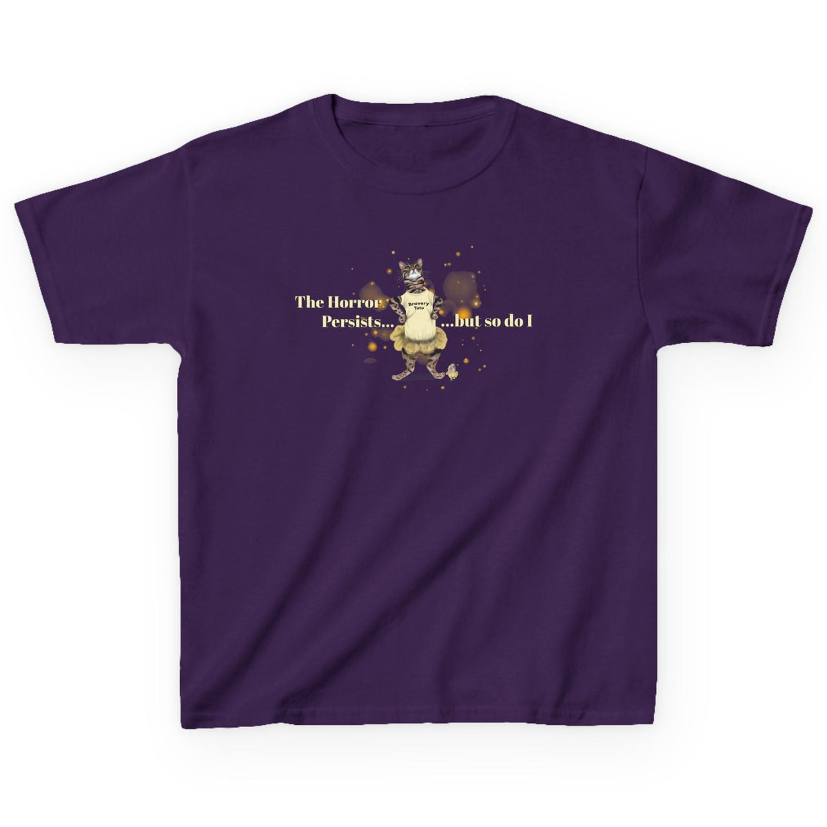 Kids Heavy Cotton™ Tee - Bravery Tutu design featuring Flounder with Mouse Toy by her side, shown in Purple