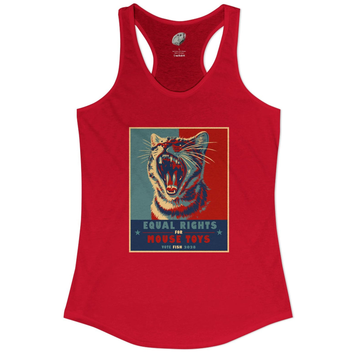 Vote Fish 2028 Racerback Tank - "Equal Rights for Mouse Toys" Purrmaid Funny Campaign, shown in Solid Red