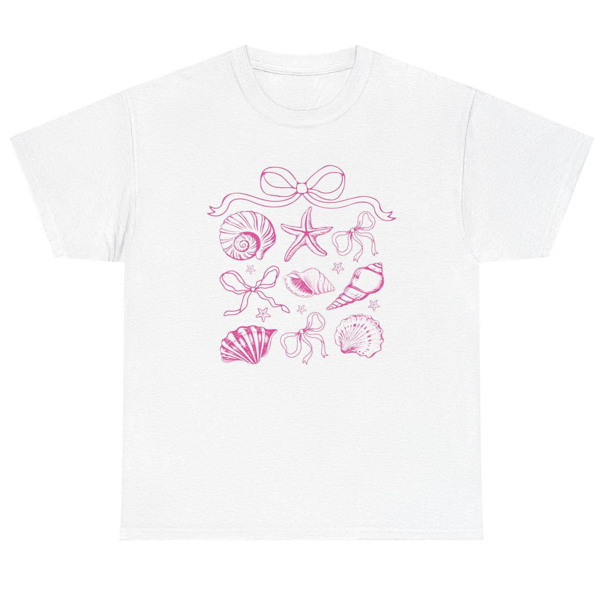 Pink coastal coquette shell cotton tee in white