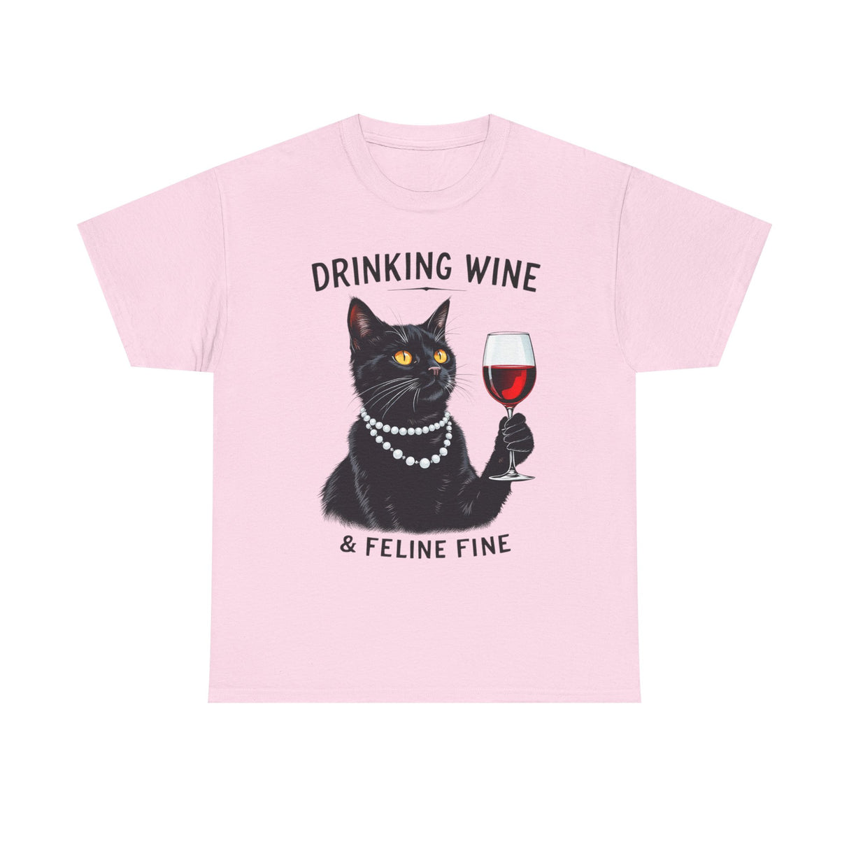 Black cat drinking wine Feline Fine cotton tee in light pink
