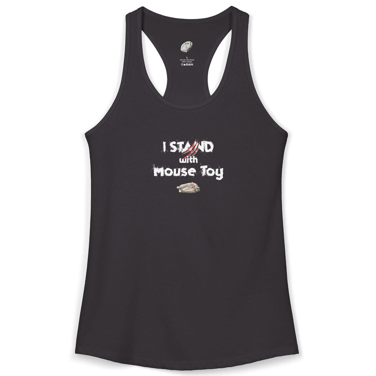 "I Stand with Mouse Toy" Women's Racerback Tank, shown in Black