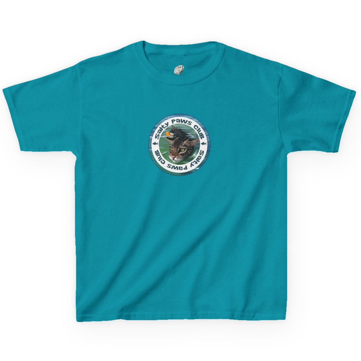 Kids Tee - "Salty Paws Club" Purrmaid Flounder & Life‑Vest Mouse Toy, shown in Tropical Blue