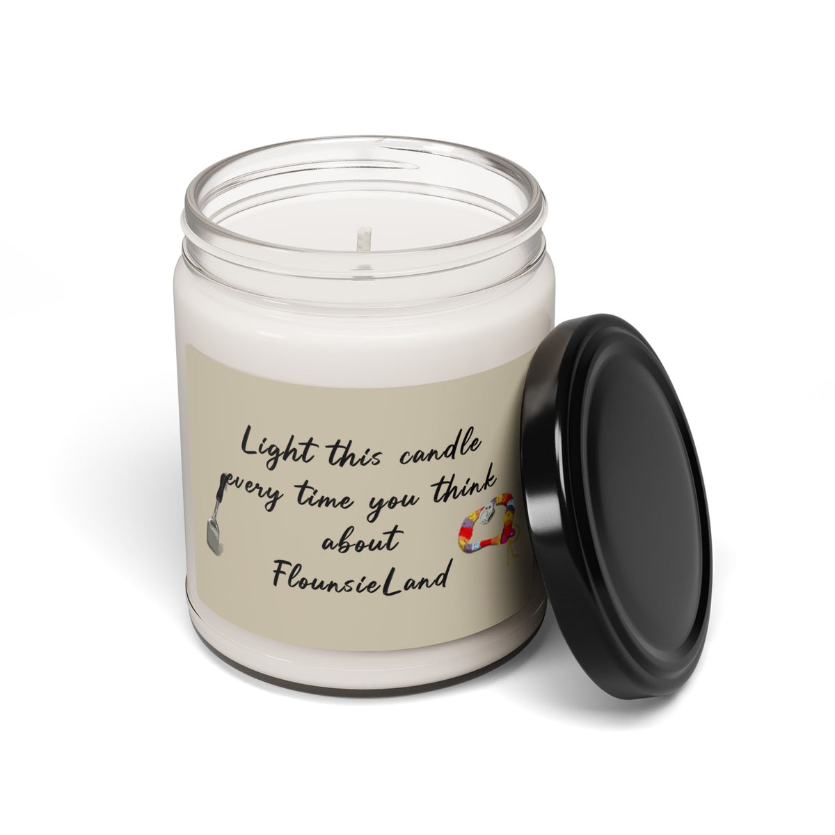 FlounsieLand scented soy candle, 9 oz glass jar with the hand drawn FlounsieLand design by Nina Leipold
