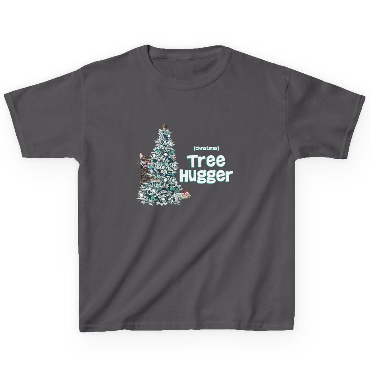 Kids Tee Christmas Tree Hugger Flounder the Purrmaid Design, shown in Charcoal