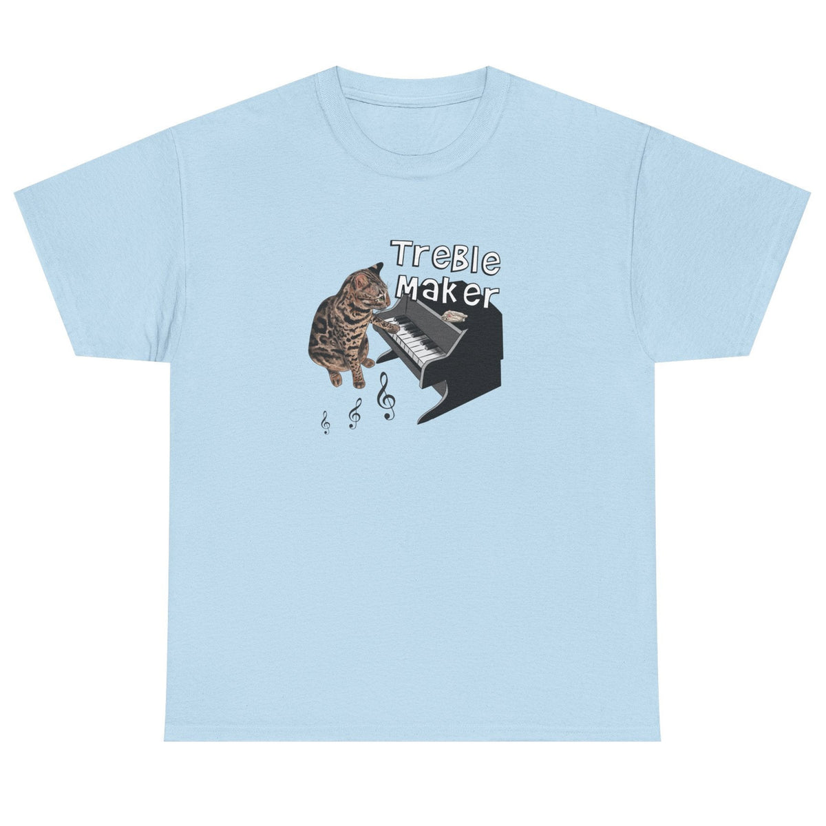 T-Shirt Treble Maker featuring Flounder the Purrmaid Playing Piano Design, shown in Light Blue