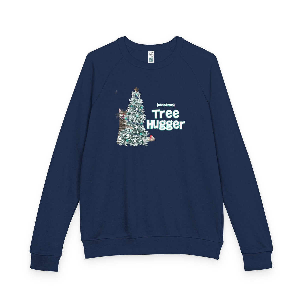 Raglan Crewneck Sweatshirt Christmas Tree Hugger Flounder the Purrmaid Design