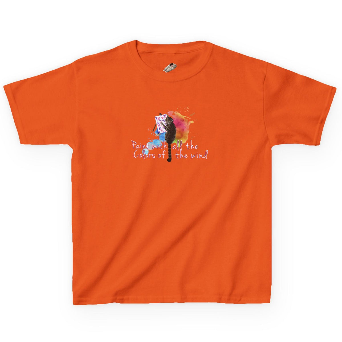 Kids Tee - “Paint With All The Colors Of The Wind” Flounder the Purrcasso Kids T-Shirt, shown in Orange