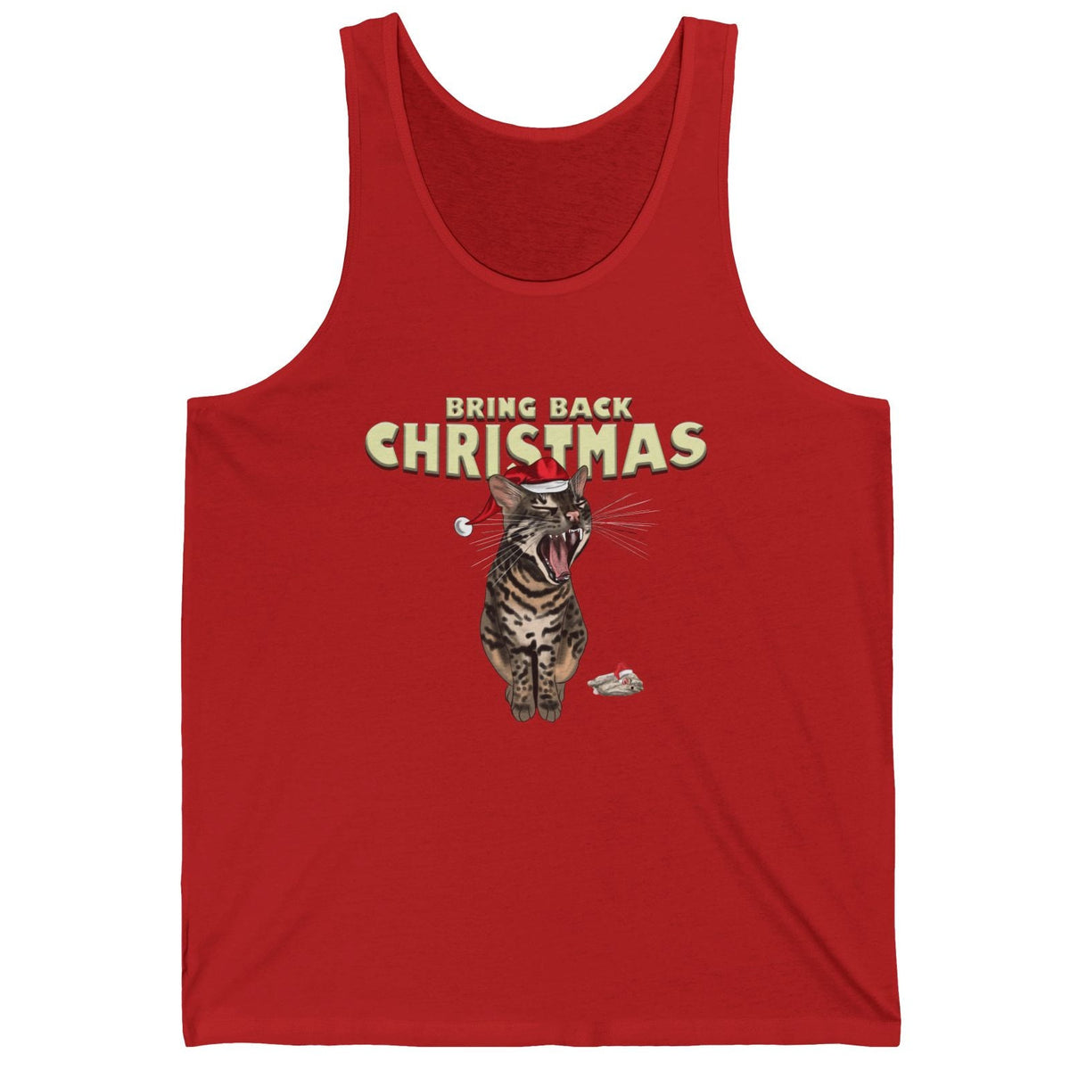Flounder Cat “Bring Back Christmas” Unisex Jersey Tank - Festive Comfort, shown in Red