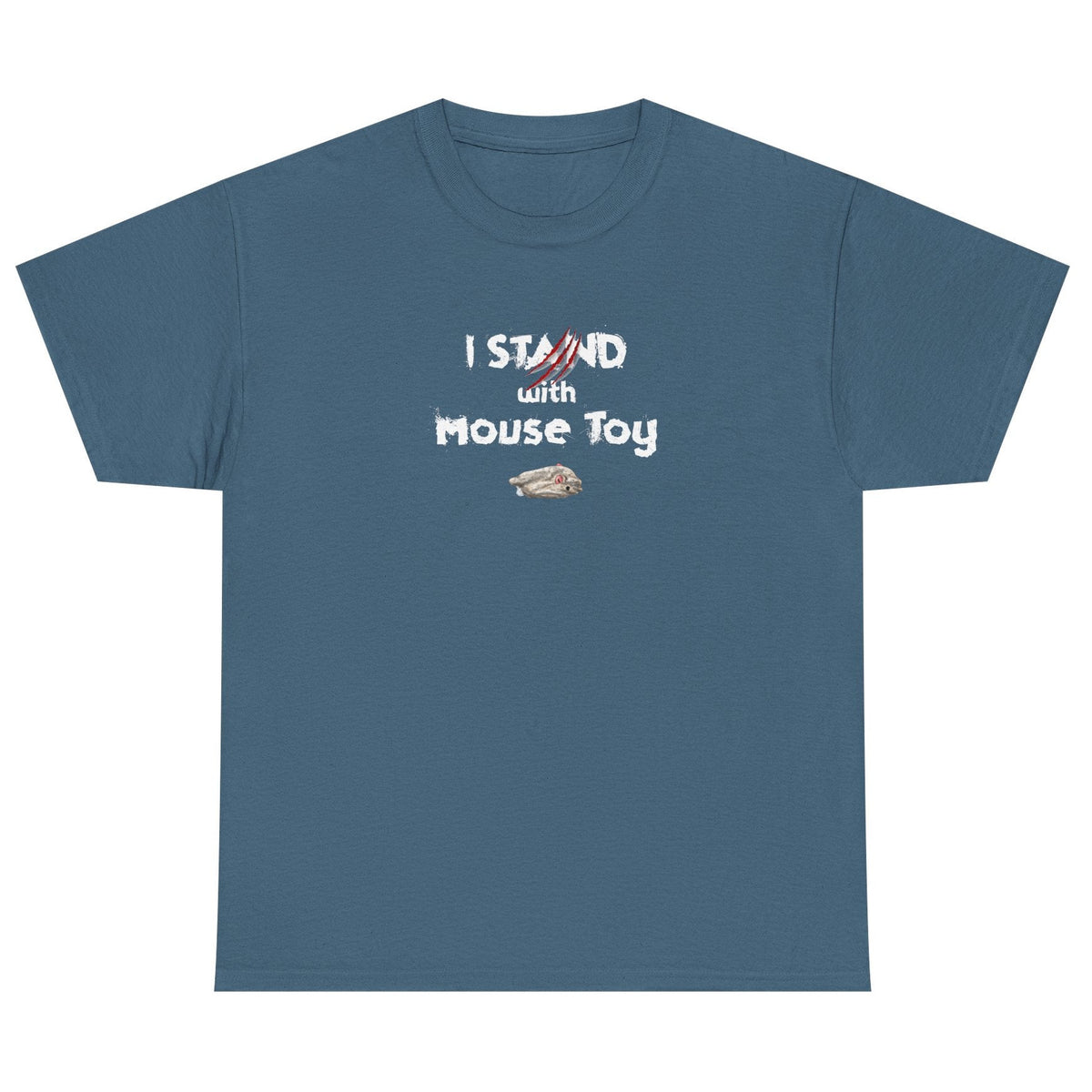 Funny Flounder "I Stand with Mouse Toy" Tee, shown in Indigo Blue