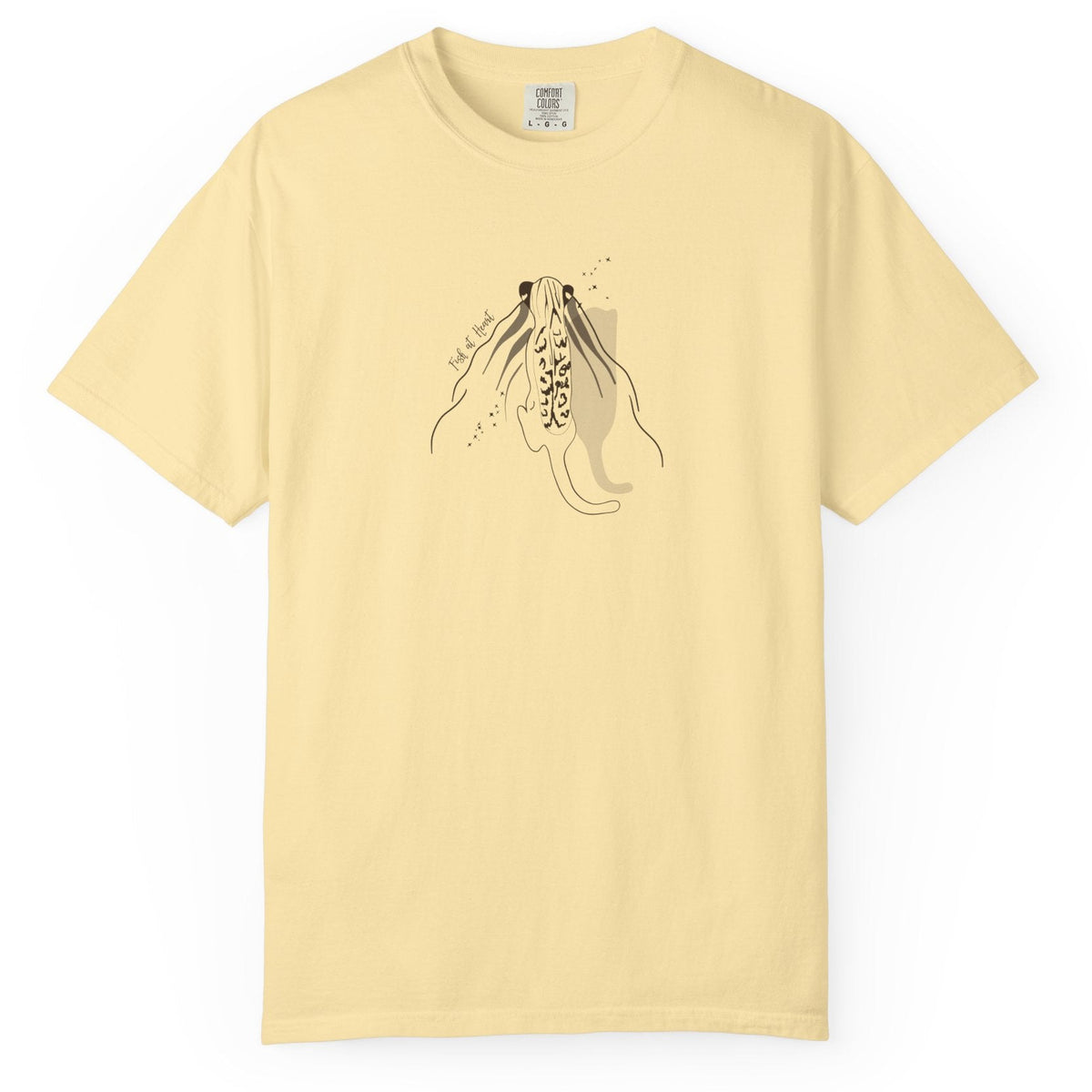T-Shirt - Fish at Heart with Flounder the Purrmaid Design, shown in Banana