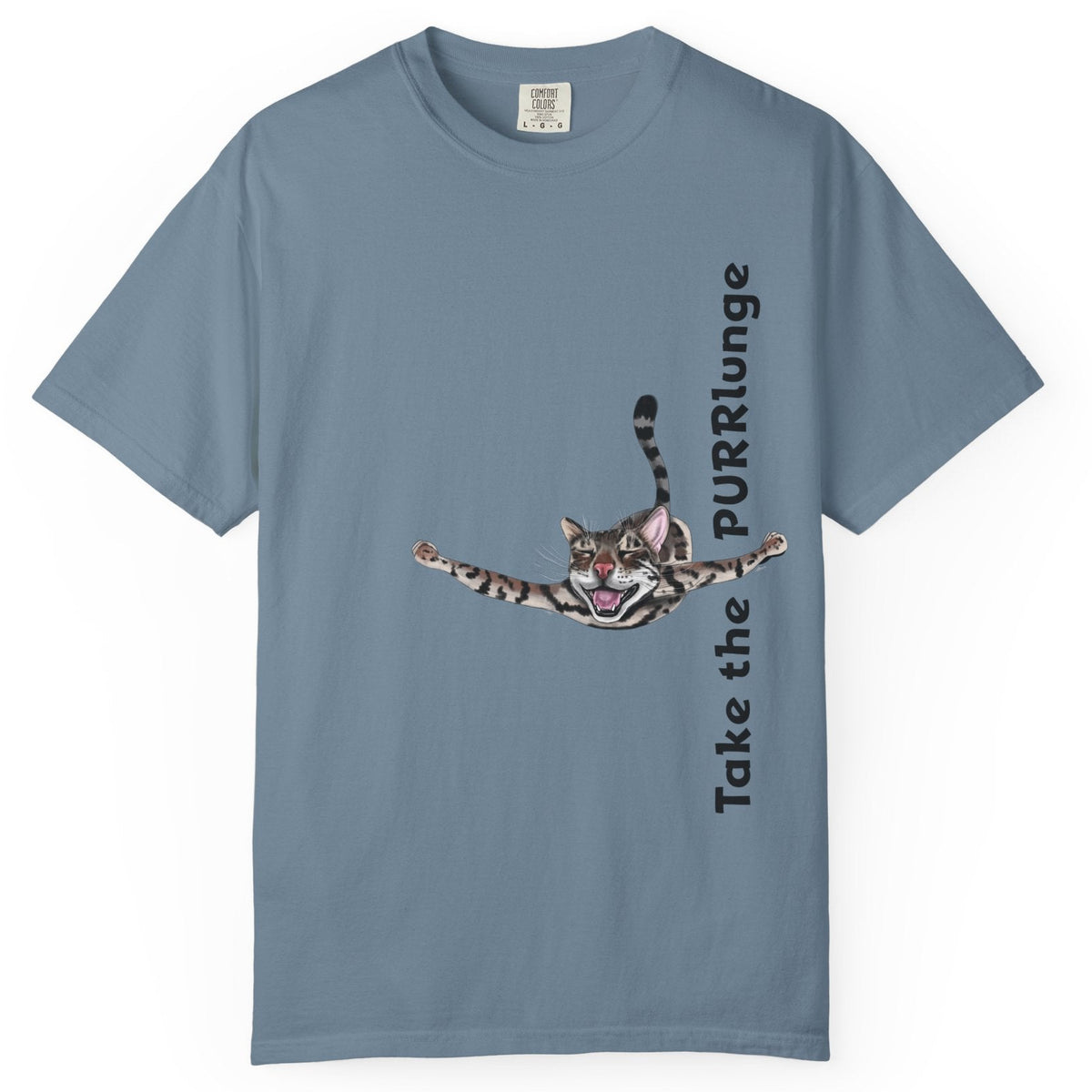 Purr-lunge Unisex T-shirt with Flounder the Purrmaid Design, shown in Ice Blue