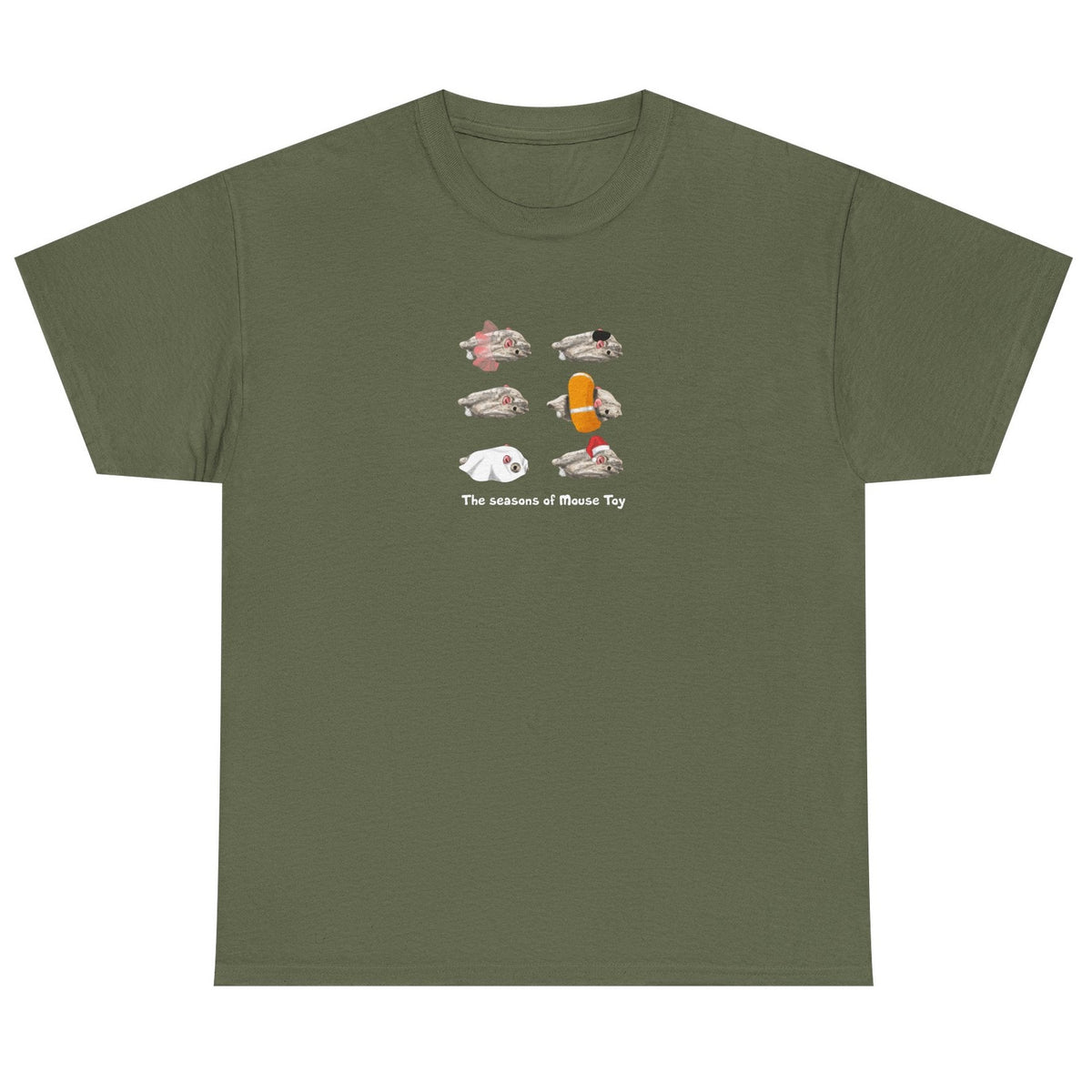 Seasons of Mouse Toy Unisex Tee - Santa Hat, Yamaka, Halloween Ghost, Ballet Tutu, Life Vest, shown in Military Green