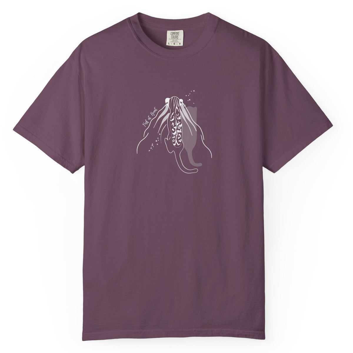 T-Shirt - Fish at Heart with Flounder the Purrmaid Design, shown in Berry