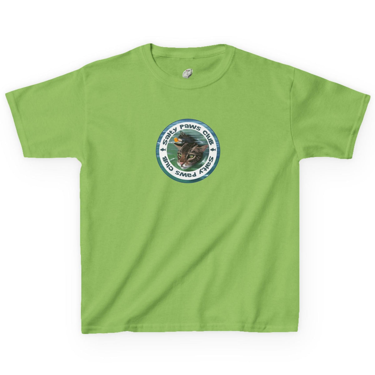 Kids Tee - "Salty Paws Club" Purrmaid Flounder & Life‑Vest Mouse Toy, shown in Lime