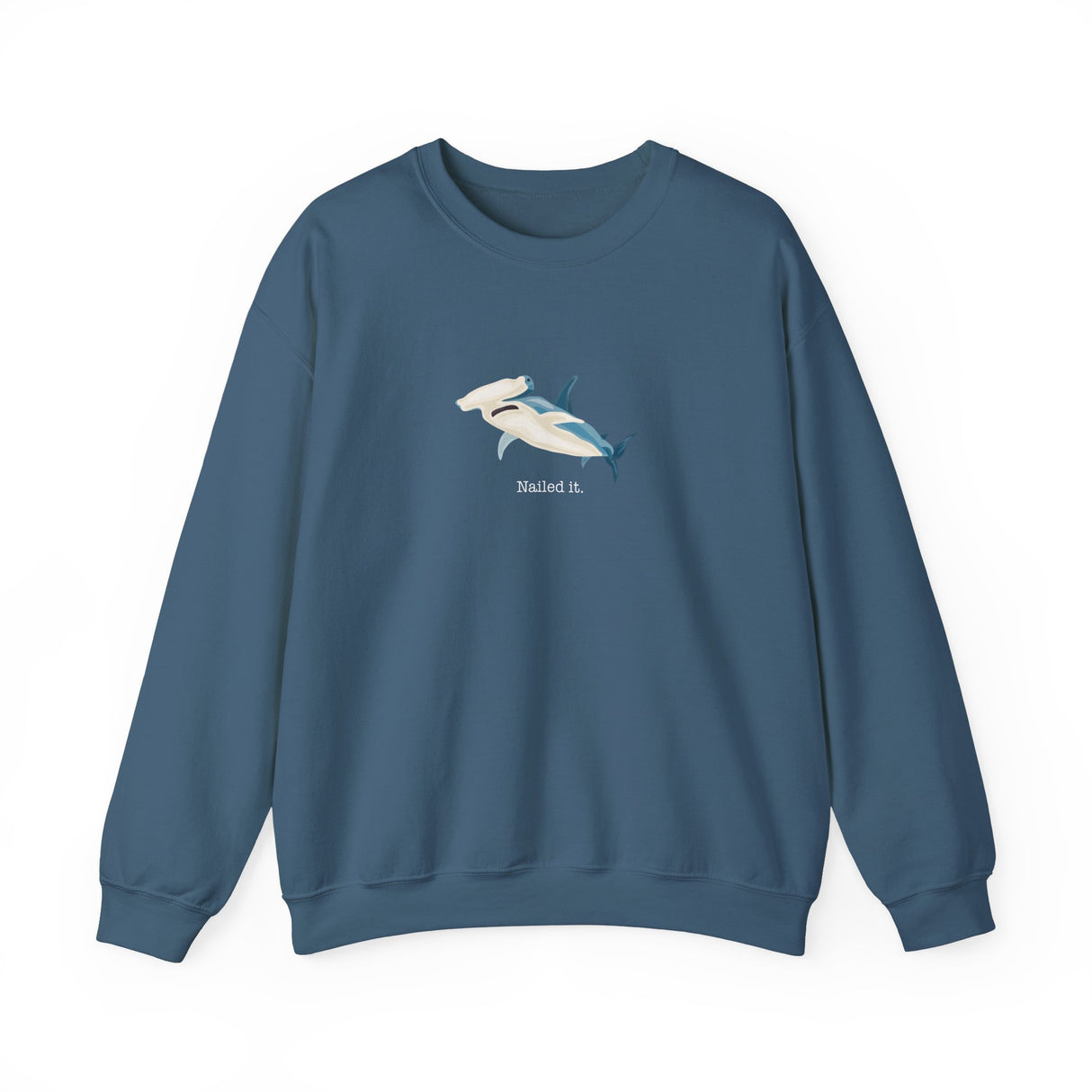 Nailed It shark crewneck sweatshirt in indigo blue