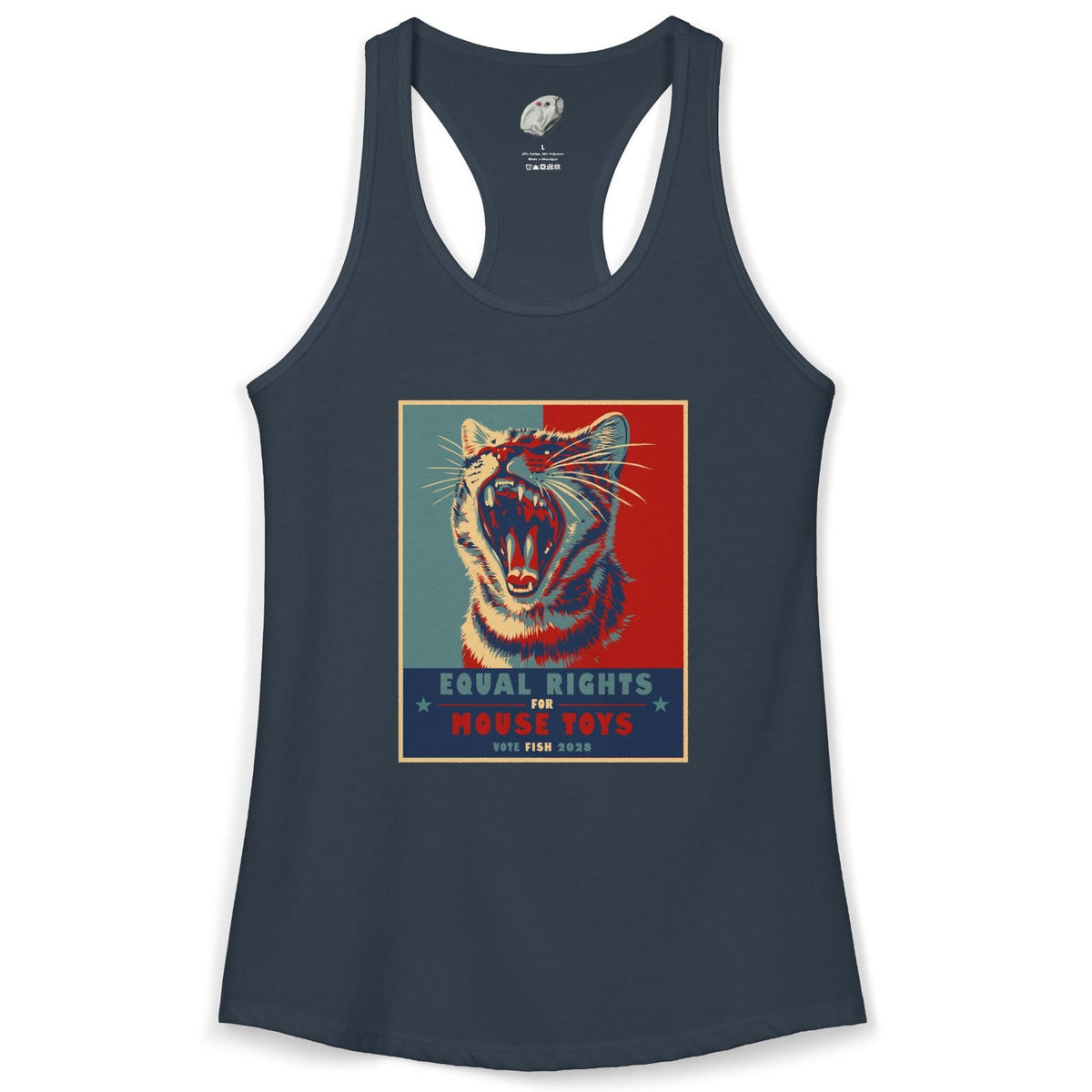 Vote Fish 2028 Racerback Tank - "Equal Rights for Mouse Toys" Purrmaid Funny Campaign, shown in Solid Indigo and Solid Midnight Navy