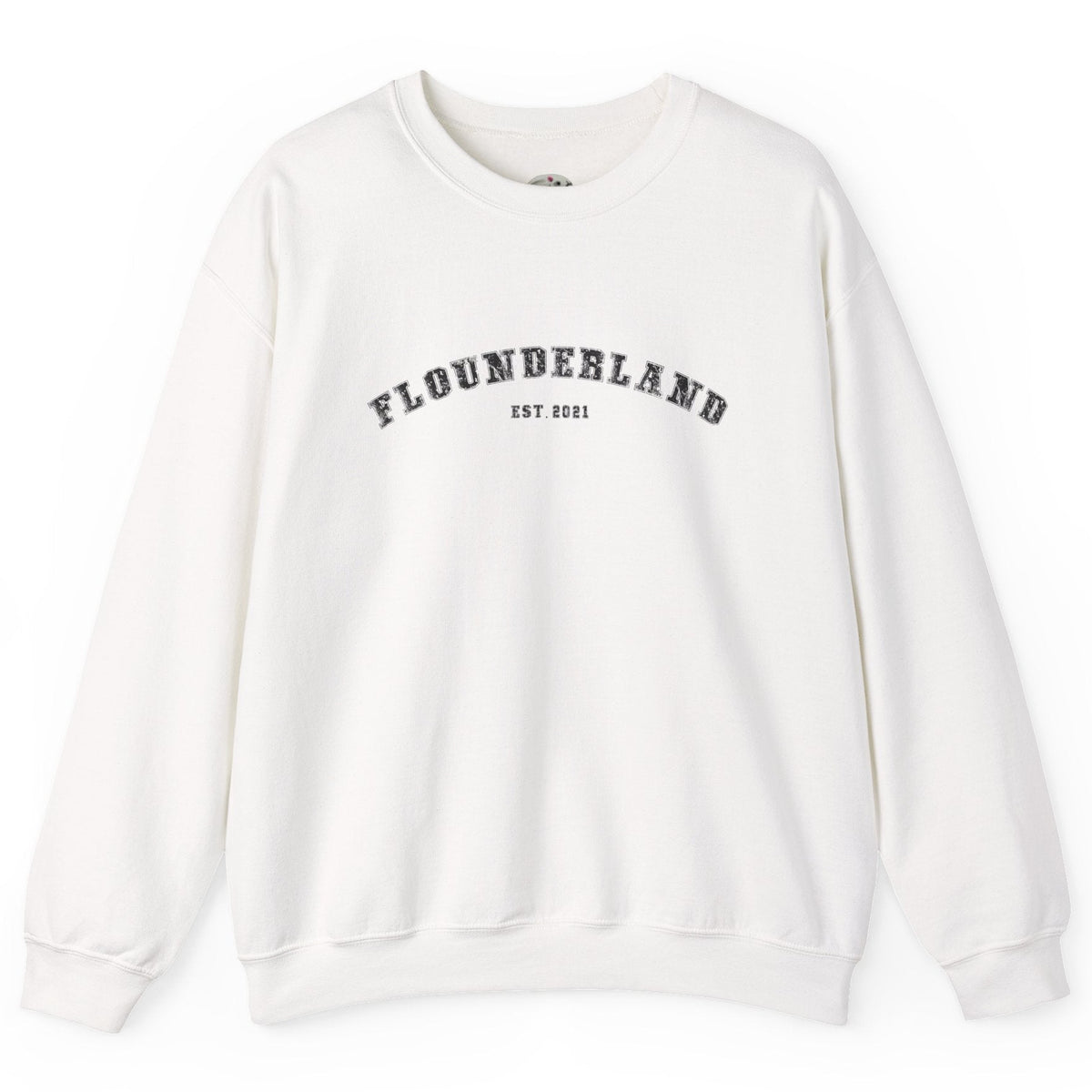FlounderLand Collegiate Crewneck Sweatshirt - "EST. 2021", shown in White