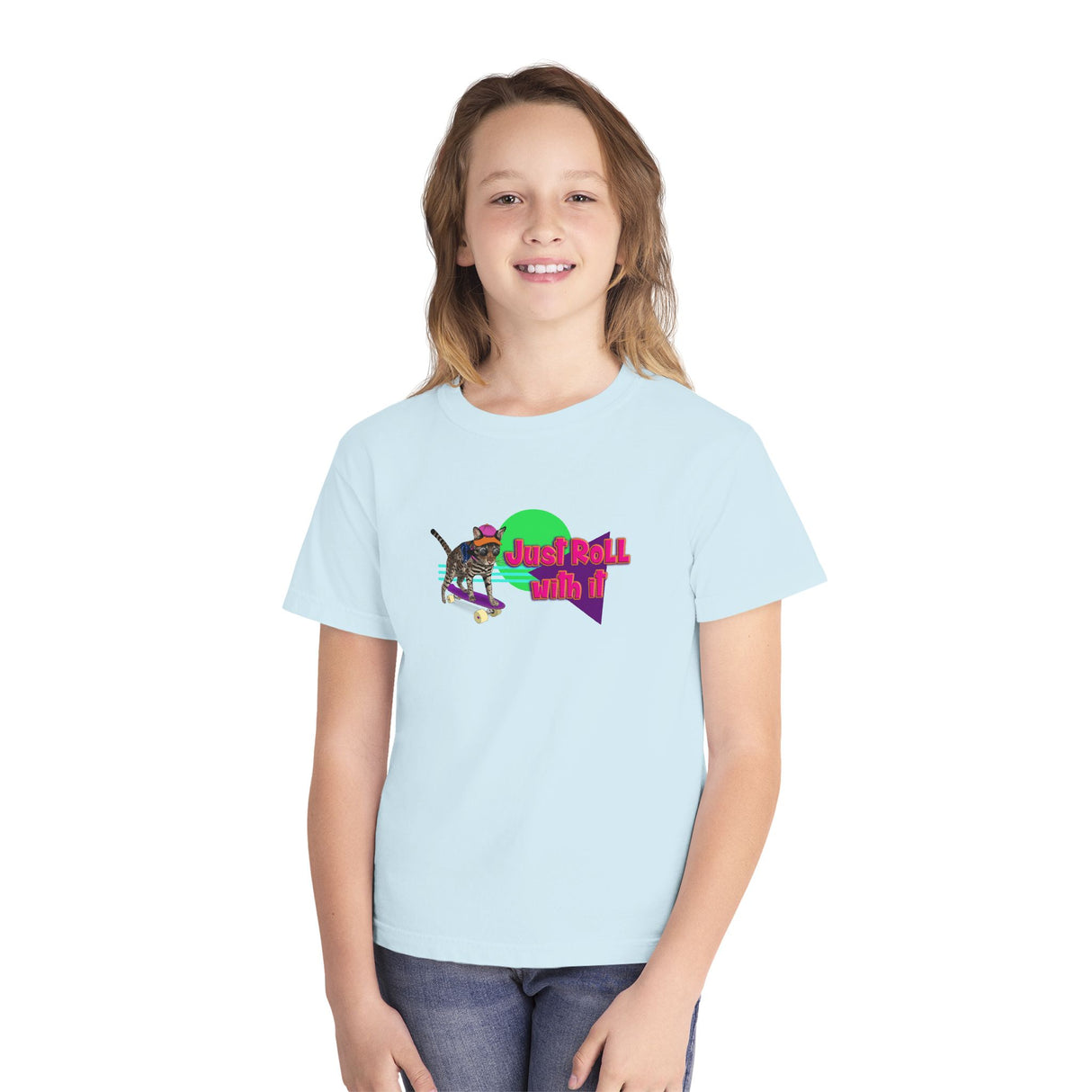 Youth Tee - Just Roll with it Flounder the Purrmaid Skateboard Design by Nina