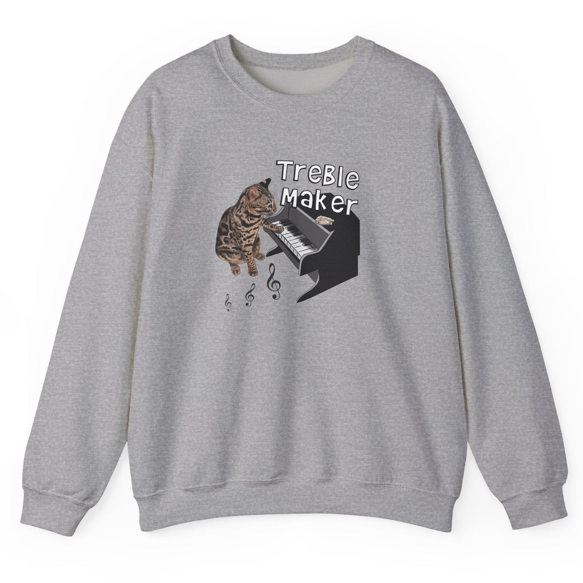 Unisex Sweatshirt - Treble Maker Design featuring Flounder the Purrmaid Playing Piano for, shown in Sport Grey