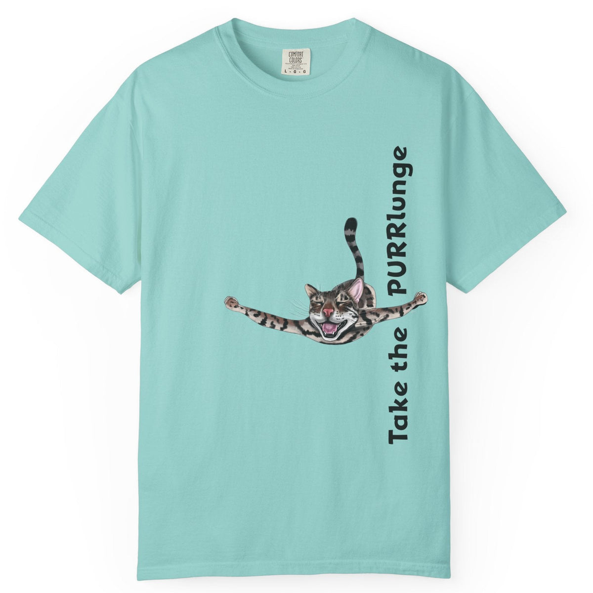 Purr-lunge Unisex T-shirt with Flounder the Purrmaid Design, shown in Chalky Mint