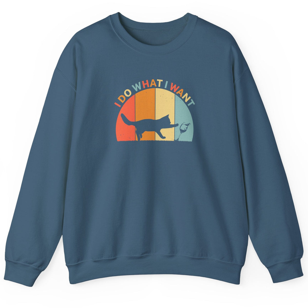 Crewneck Sweatshirt - 'I do what I want' Cat Retro Style, shown in Indigo Blue