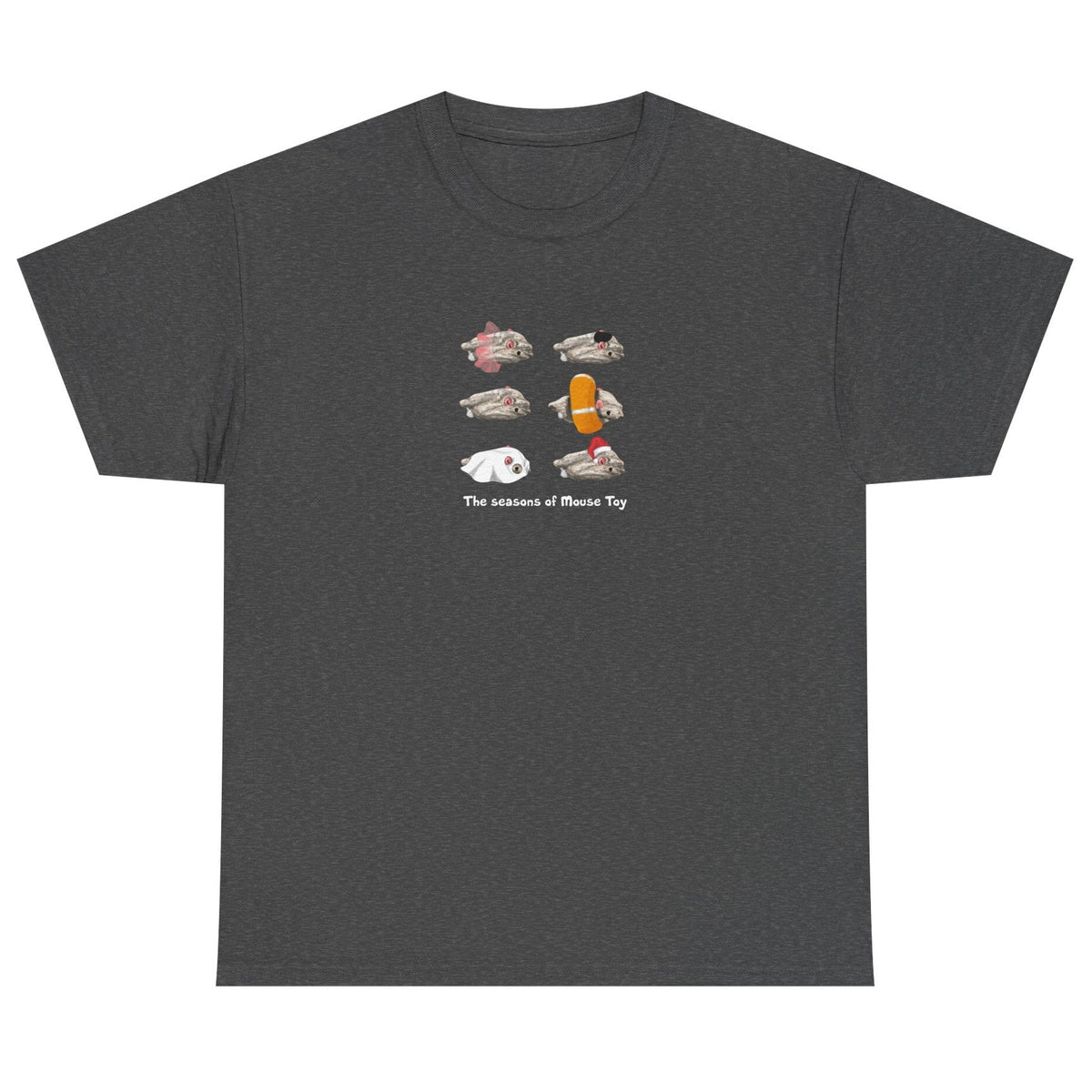 Seasons of Mouse Toy Unisex Tee - Santa Hat, Yamaka, Halloween Ghost, Ballet Tutu, Life Vest, shown in Dark Heather