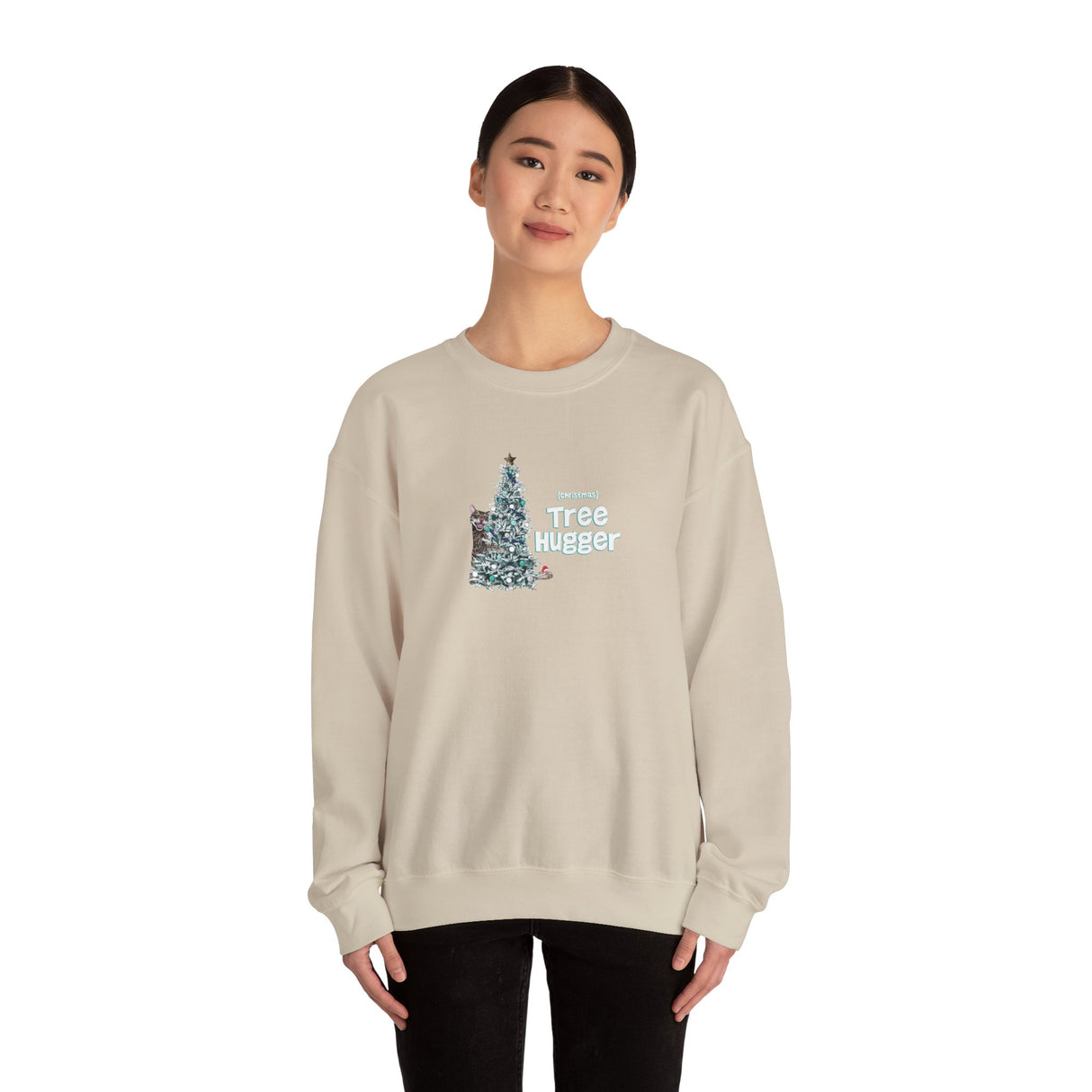 Crewneck Sweatshirt Christmas Tree Hugger Flounder the Purrmaid Design