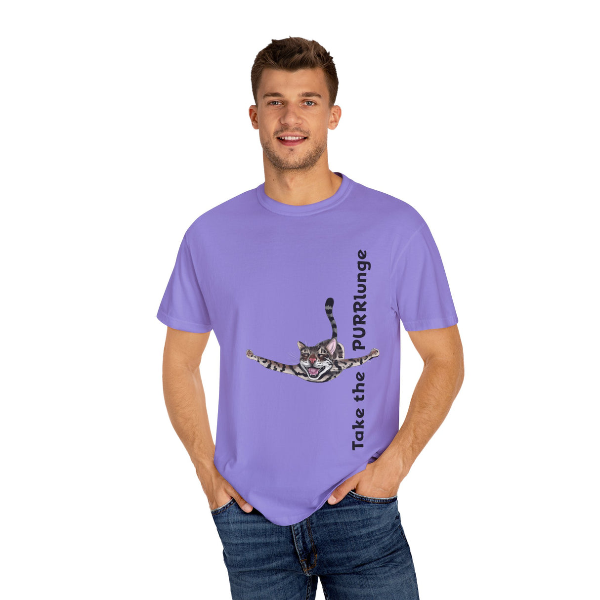 Purr-lunge Unisex T-shirt with Flounder the Purrmaid Design