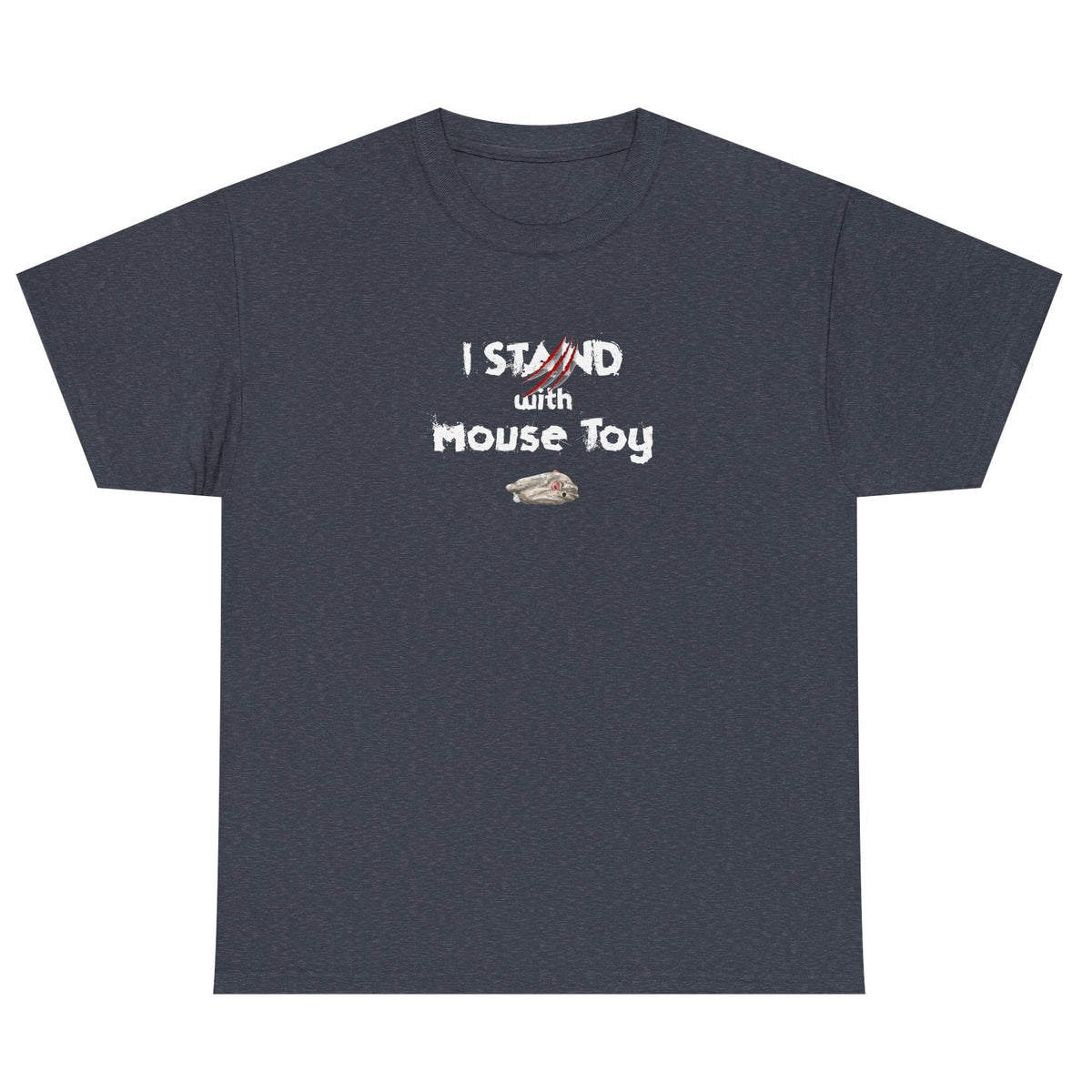 Funny Flounder "I Stand with Mouse Toy" Tee, shown in Heather Navy