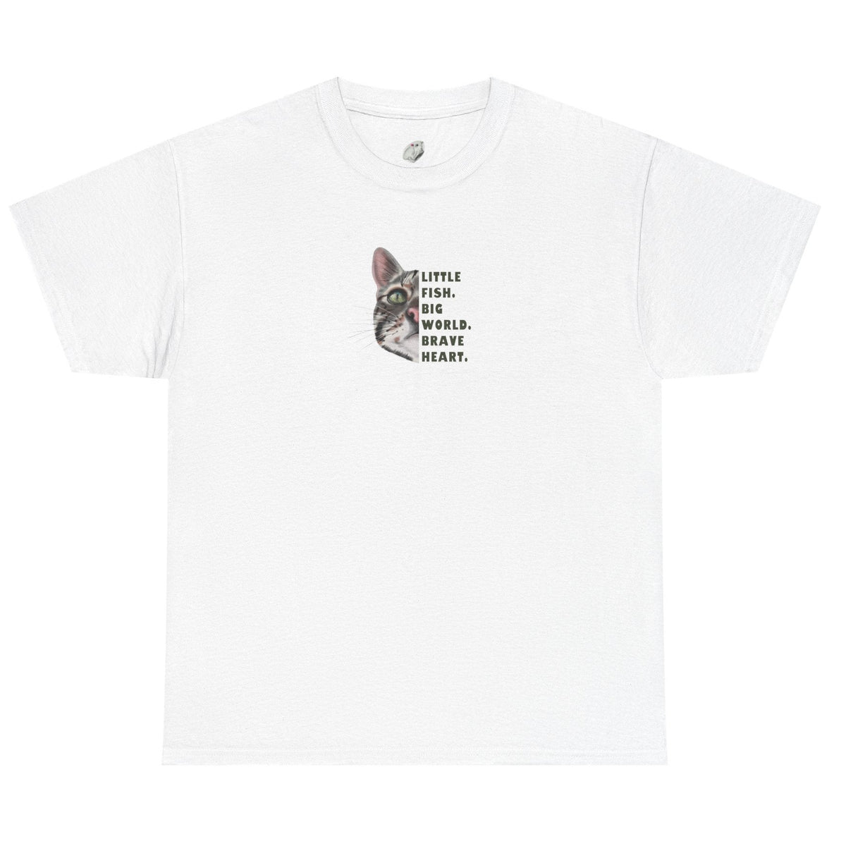 White t-shirt with a graphic of a cat and text on a white background