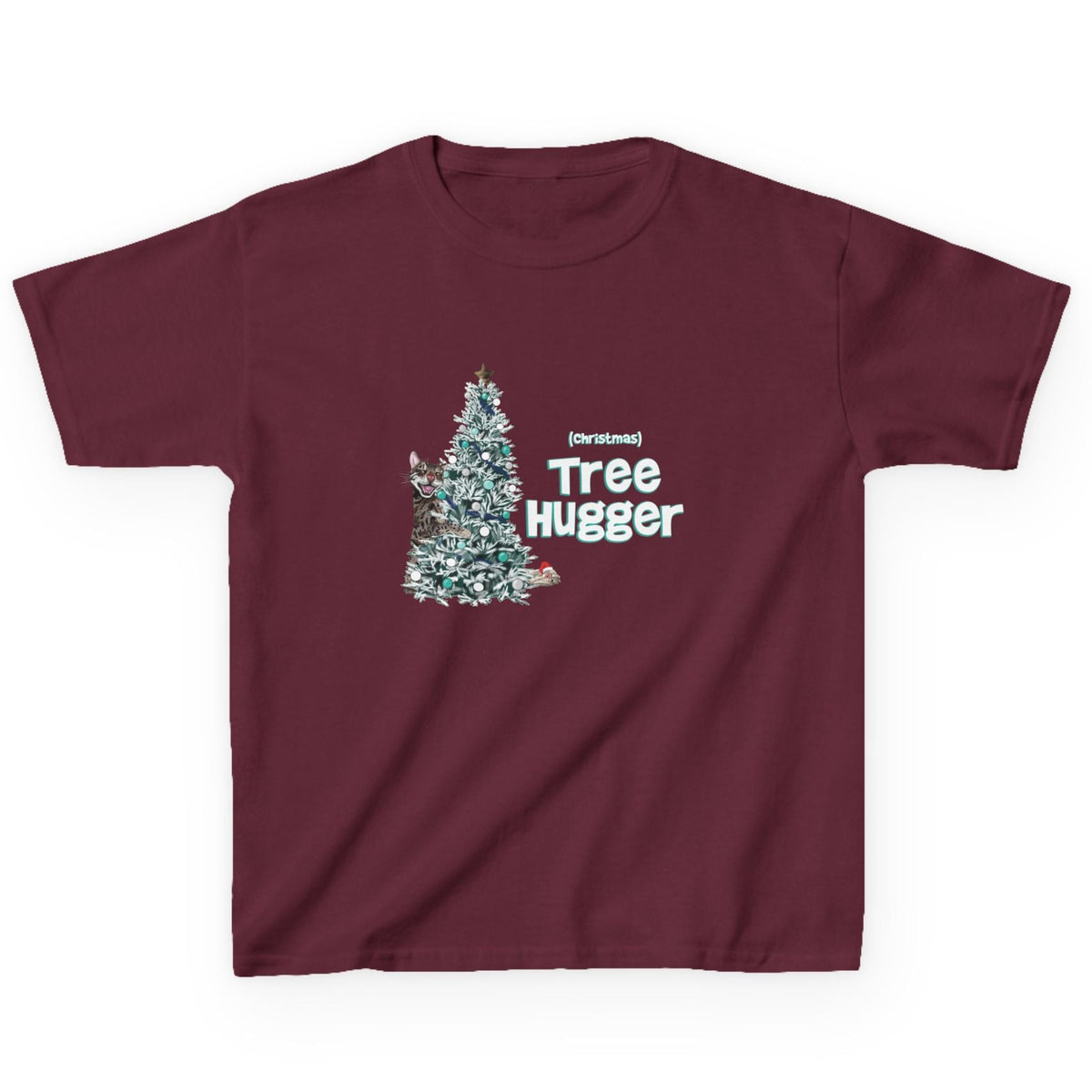 Kids Tee Christmas Tree Hugger Flounder the Purrmaid Design, shown in Maroon