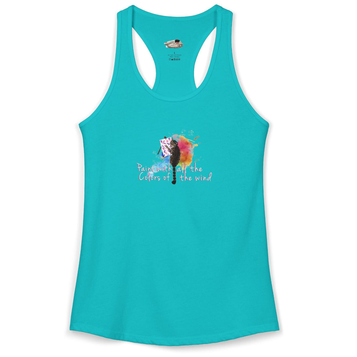 Women's Racerback Tank - "Paint With All the Colors of the Wind" Flounder the Purrcasso Art, shown in Tahiti Blue