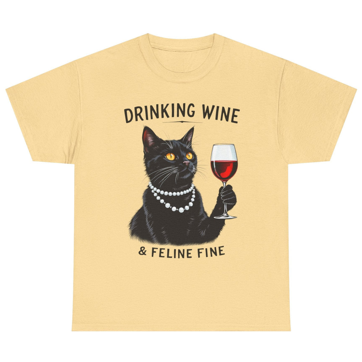 Black cat drinking wine Feline Fine cotton tee in yellow haze