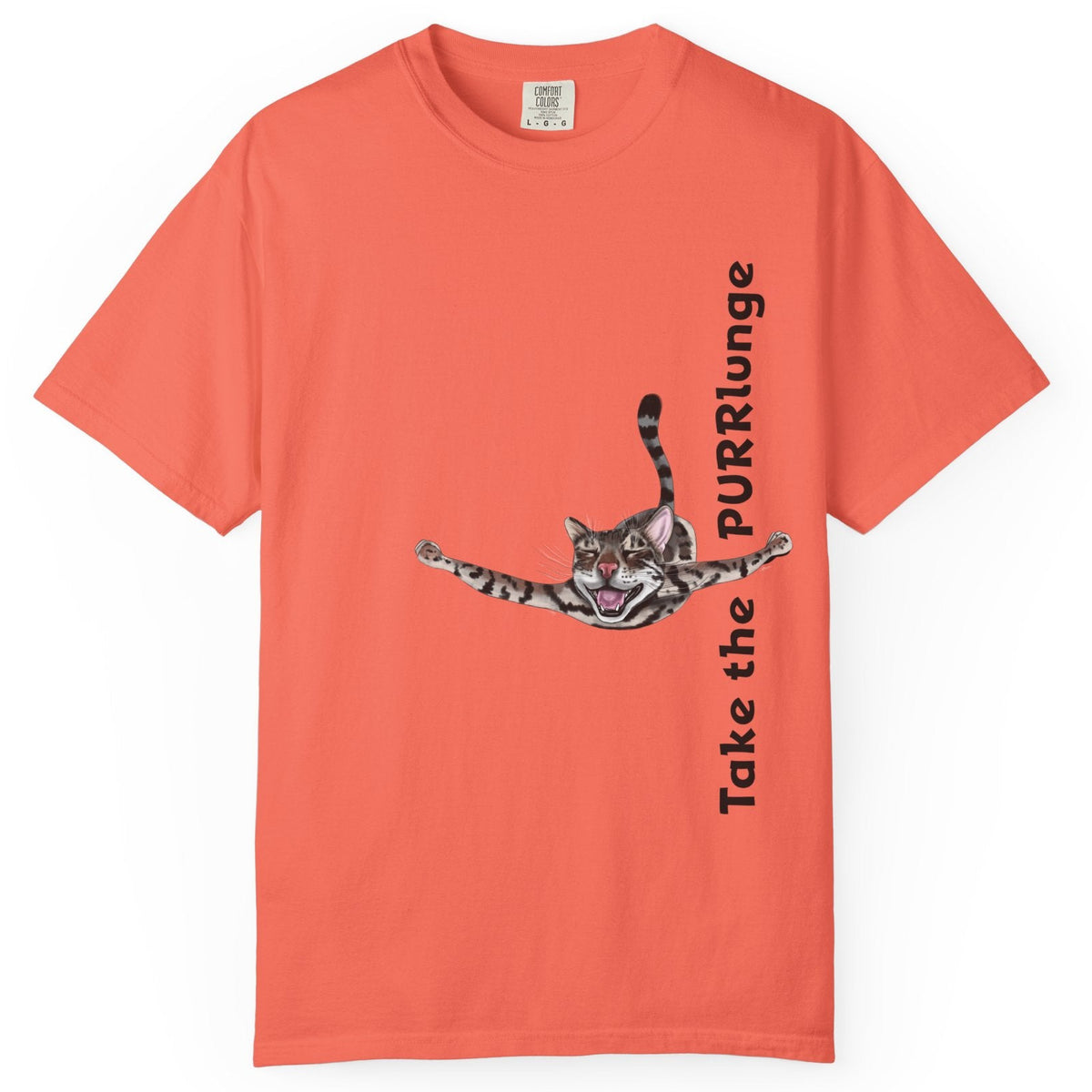Purr-lunge Unisex T-shirt with Flounder the Purrmaid Design, shown in Bright Salmon