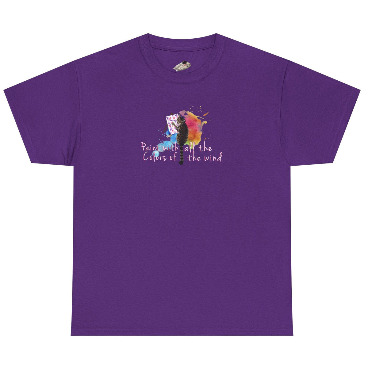 Flounder the Purrcasso T-Shirt - "Paint With All the Colors of the Wind" Cat Art Tee, shown in Purple