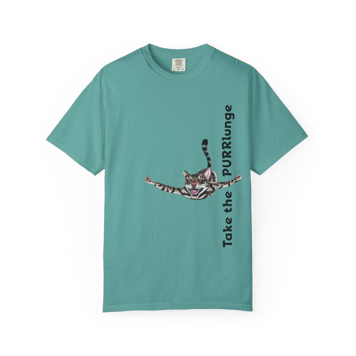 Purr-lunge Unisex T-shirt with Flounder the Purrmaid Design