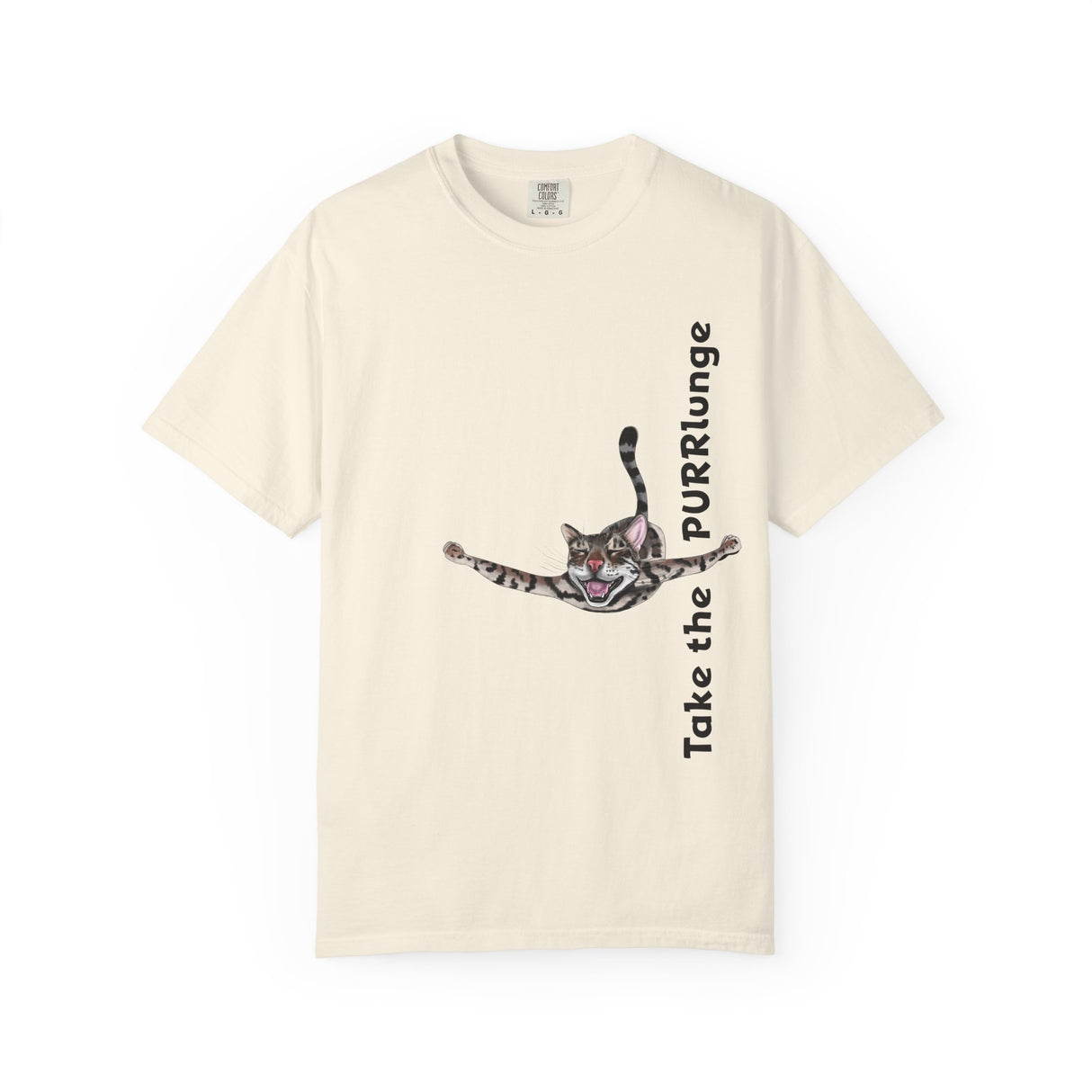 Purr-lunge Unisex T-shirt with Flounder the Purrmaid Design