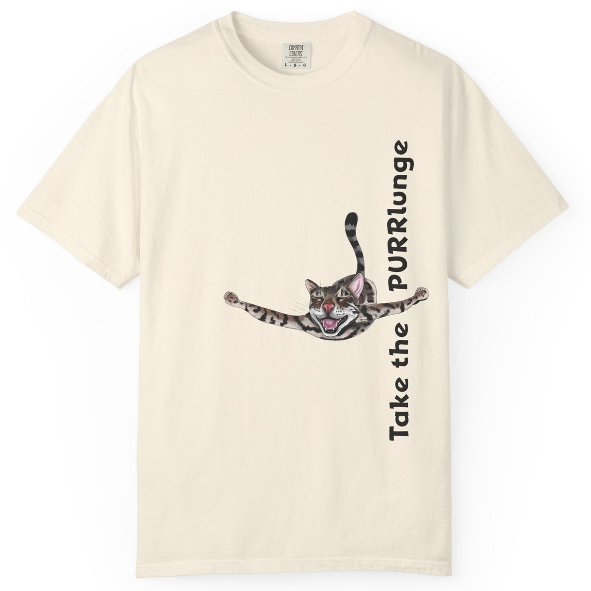 Purr-lunge Unisex T-shirt with Flounder the Purrmaid Design, shown in Ivory