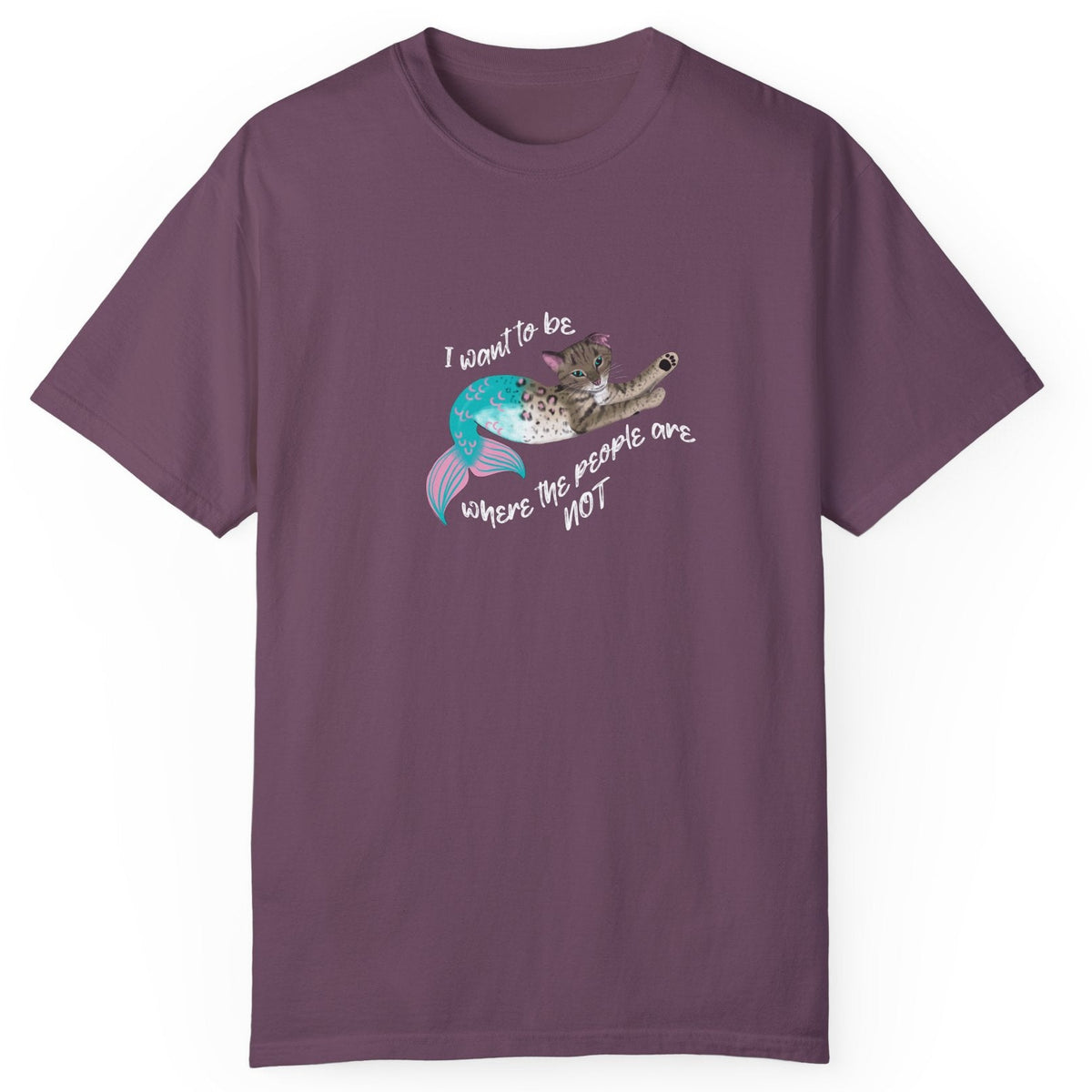 Mermaid Cat Purrmaid 'I Want to Be Where the People Are Not' Comfort Colors T-Shirt, shown in Berry