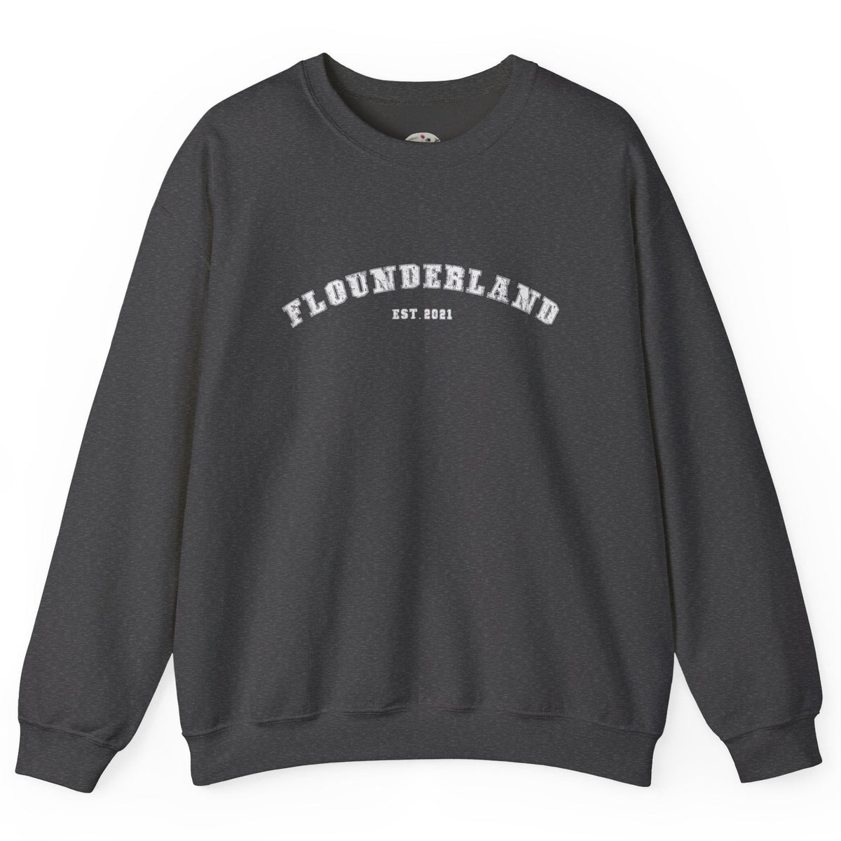 FlounderLand Collegiate Crewneck Sweatshirt - "EST. 2021", shown in Dark Heather