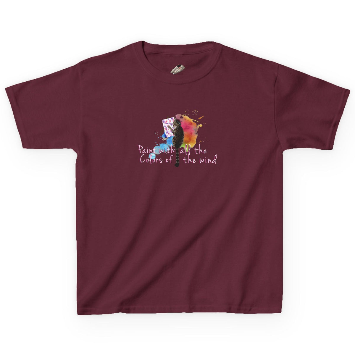 Kids Tee - “Paint With All The Colors Of The Wind” Flounder the Purrcasso Kids T-Shirt, shown in Maroon