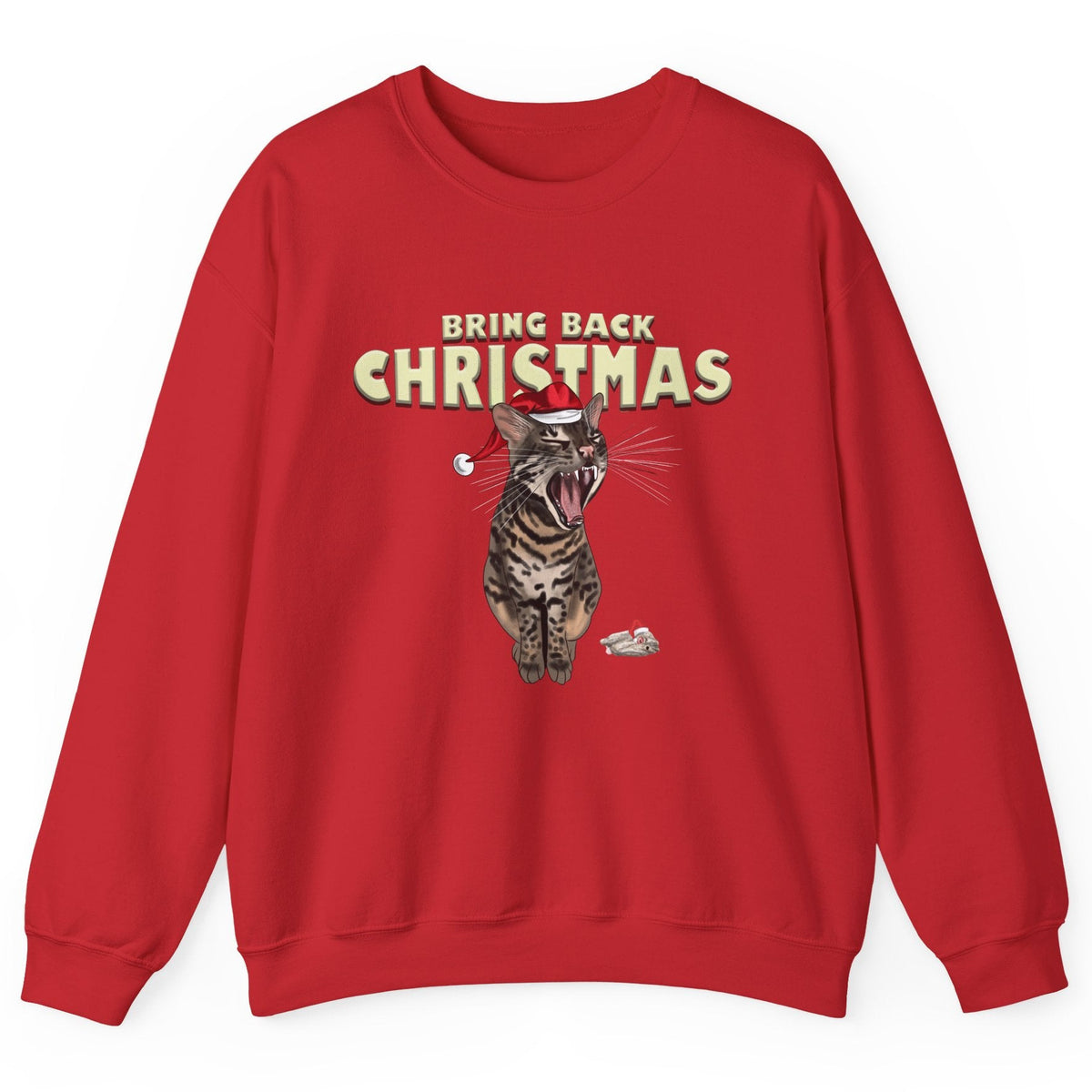 Flounder Cat “Bring Back Christmas” Unisex Crewneck Sweatshirt - Festive Cozy Wear, shown in Red