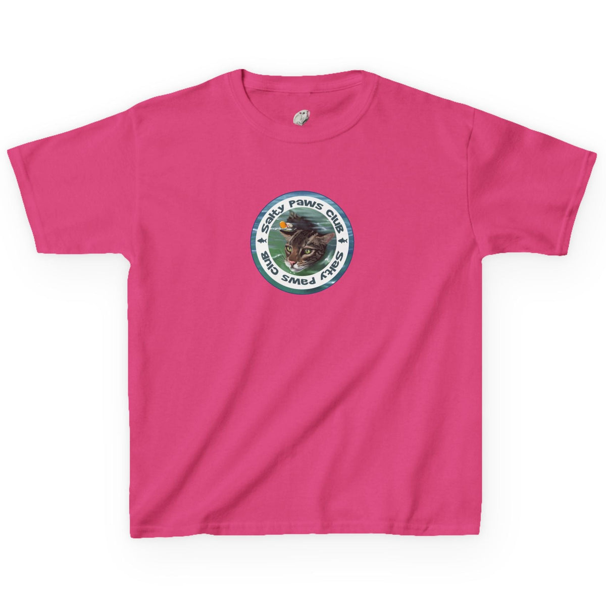 Kids Tee - "Salty Paws Club" Purrmaid Flounder & Life‑Vest Mouse Toy, shown in Heliconia