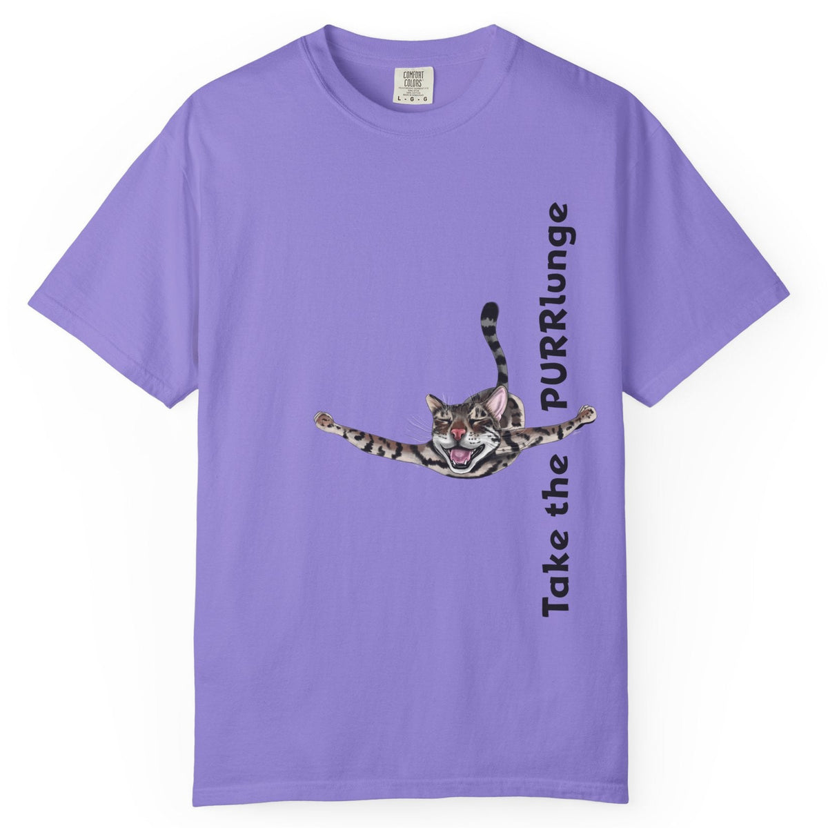 Purr-lunge Unisex T-shirt with Flounder the Purrmaid Design, shown in Violet