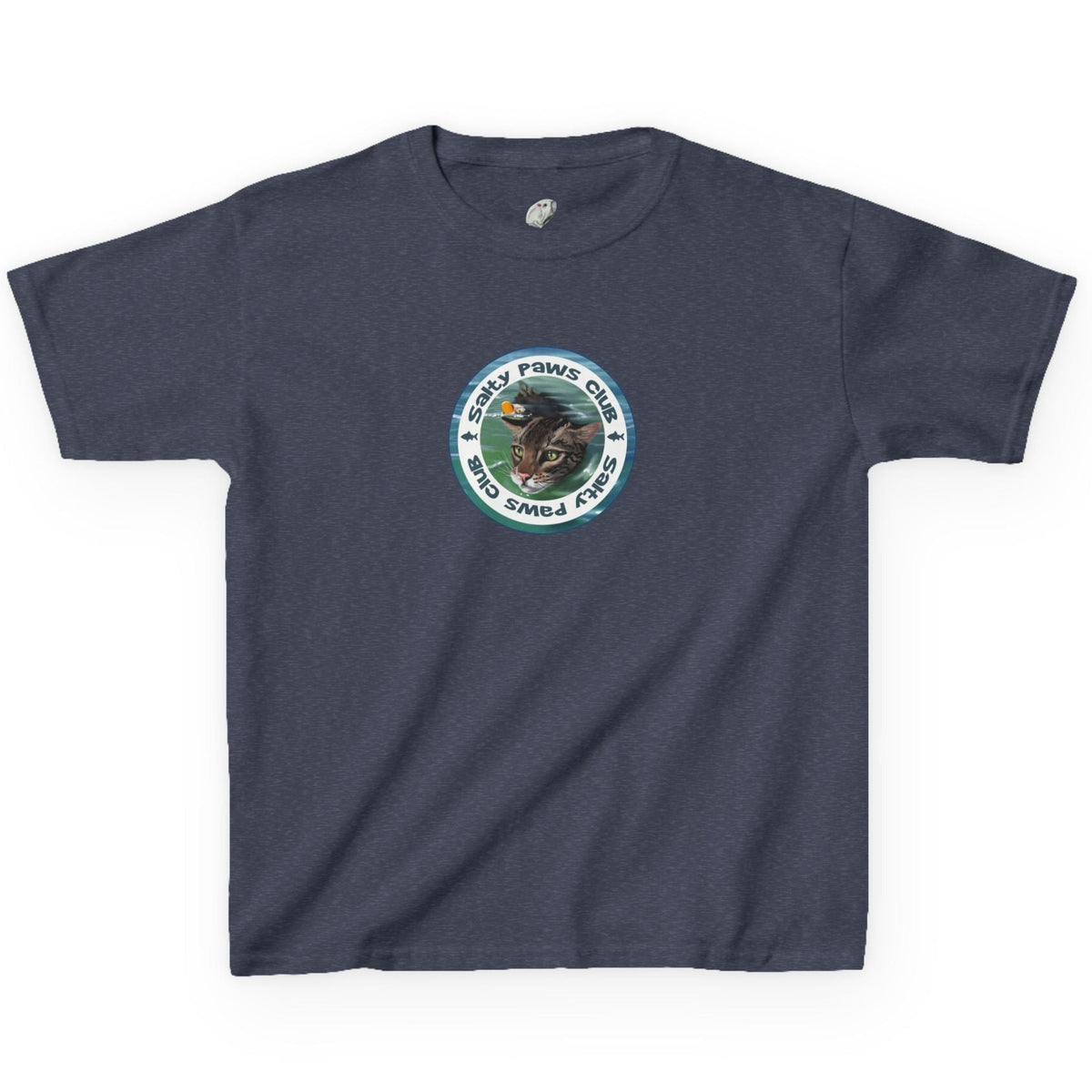 Kids Tee - "Salty Paws Club" Purrmaid Flounder & Life‑Vest Mouse Toy, shown in Heather Navy